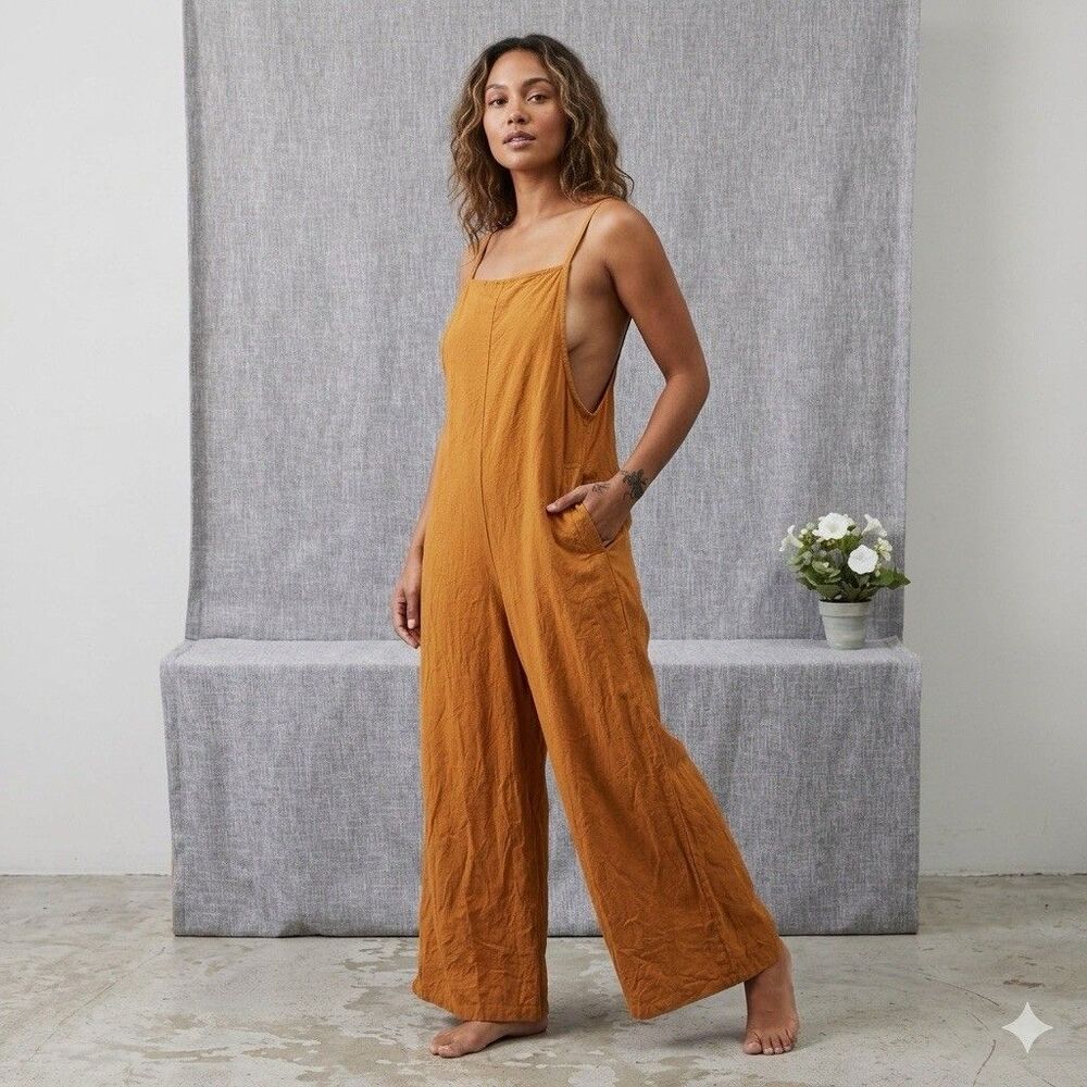 Women’s L 100% Cotton Bib Overalls Baggy Jumpsuit Capri Mustard wide leg pockets